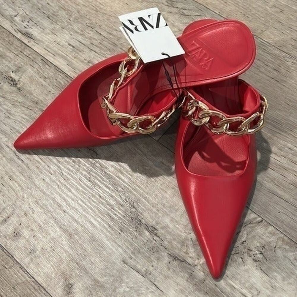 ZARA Pink Chain Strap Mule Heels NWT Pointed Toe Kitten Heel Pumps Size 8 - Picture 12 of 16